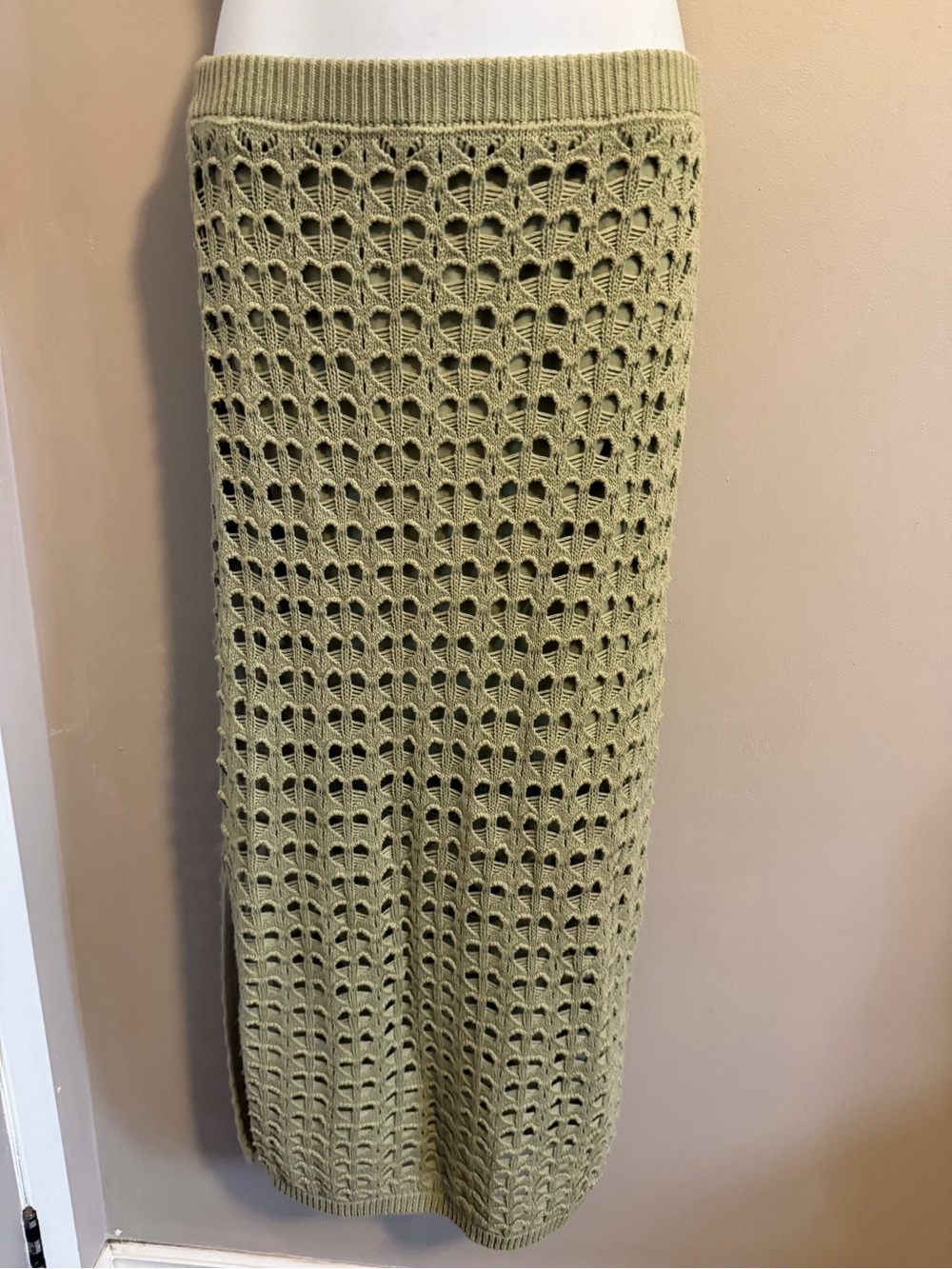 freshman1996 Sage Green Crochet Open Knit Midi Skirt Medium